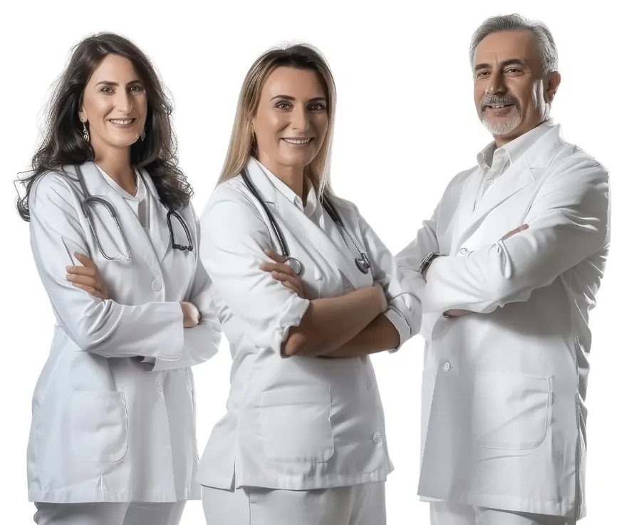 Três médicos de jaleco branco, sorridentes